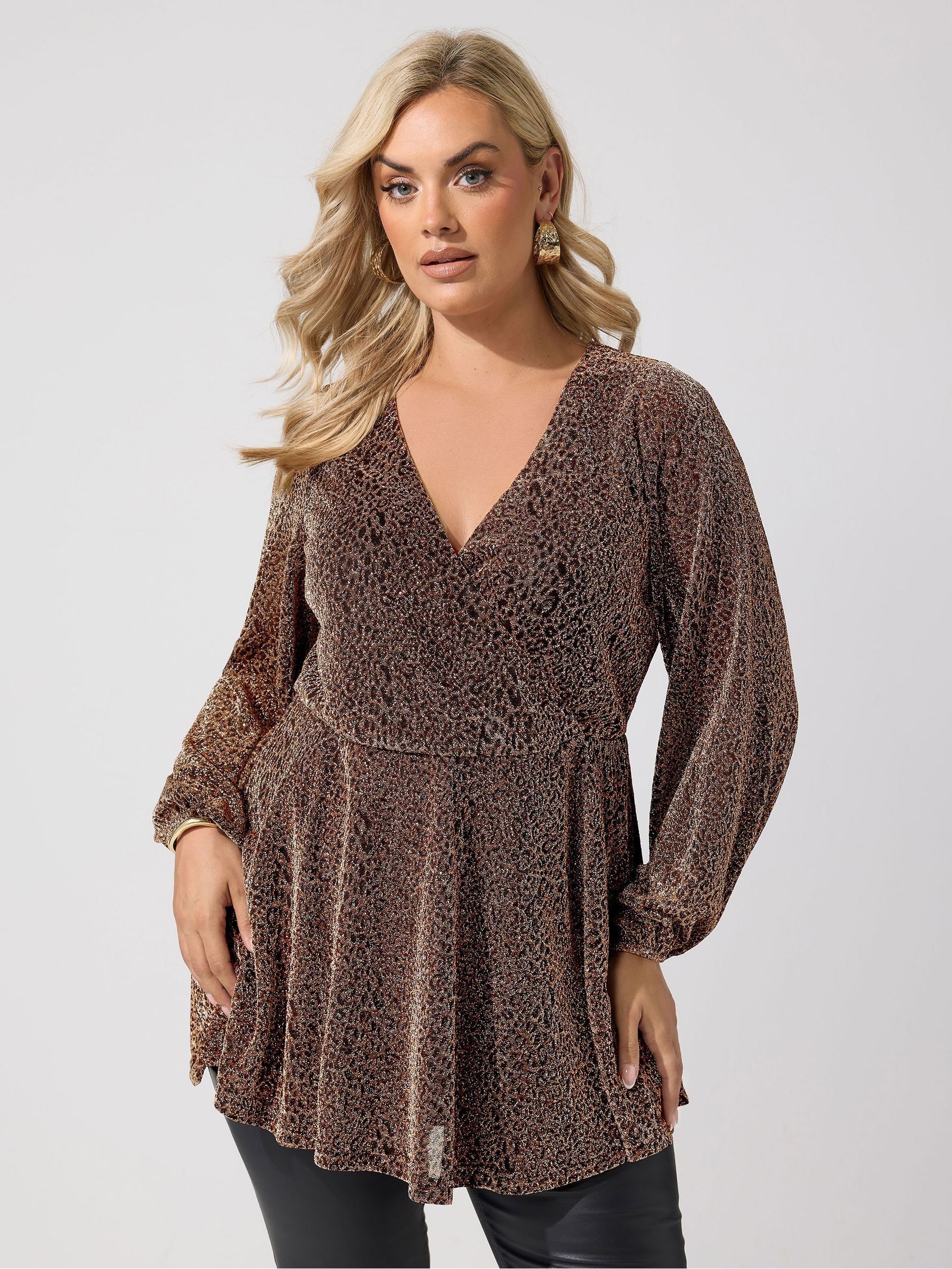 Yours London Brown Curve Leopard Print Metallic Wrap Top - Image 2