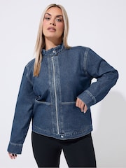 Yours Curve Blue Limited Funnel Neck Denim Jacket - Image 1 of 5