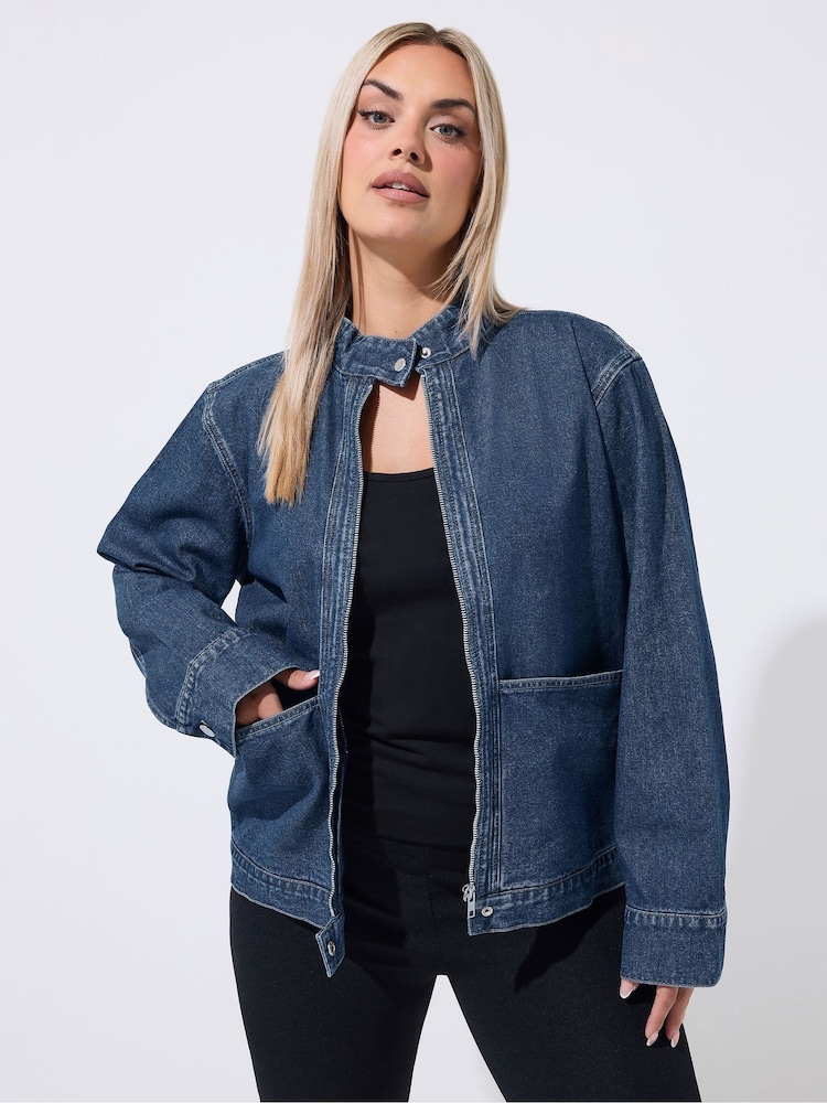 Yours Curve Blue Limited Funnel Neck Denim Jacket - Image 2 of 5