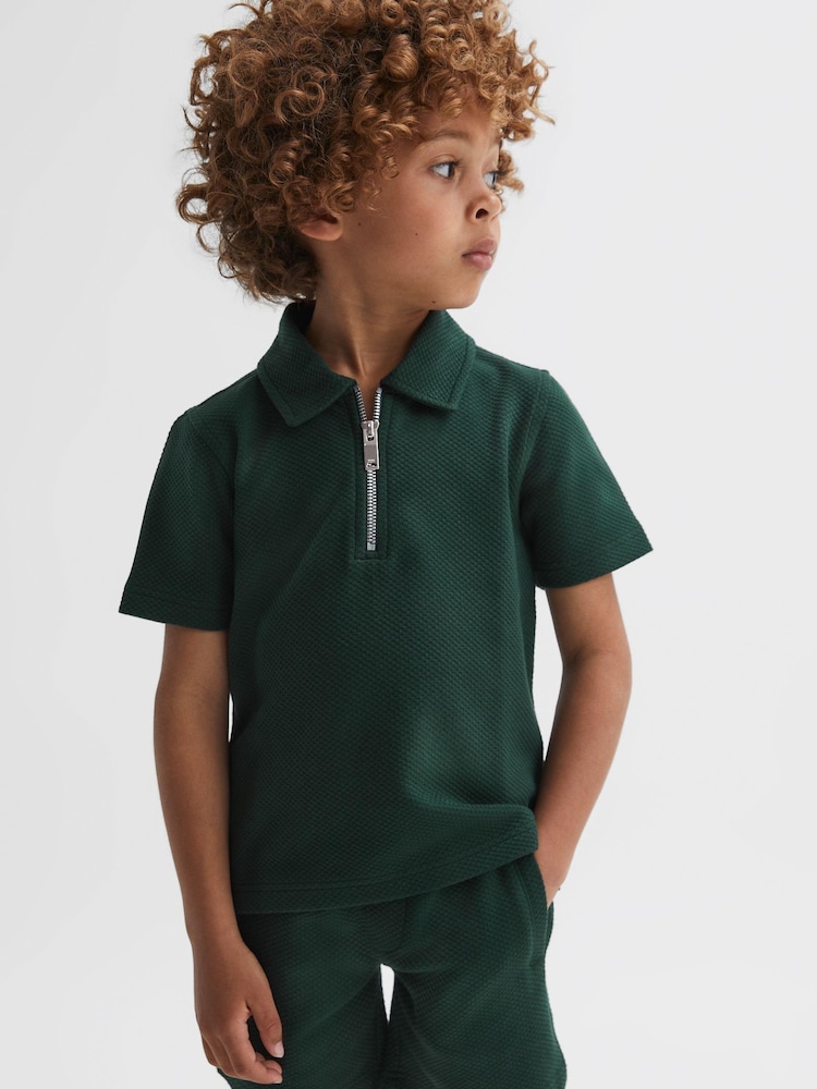 Reiss Emerald Creed Junior Textured Half-Zip Polo Shirt - Image 1 of 6