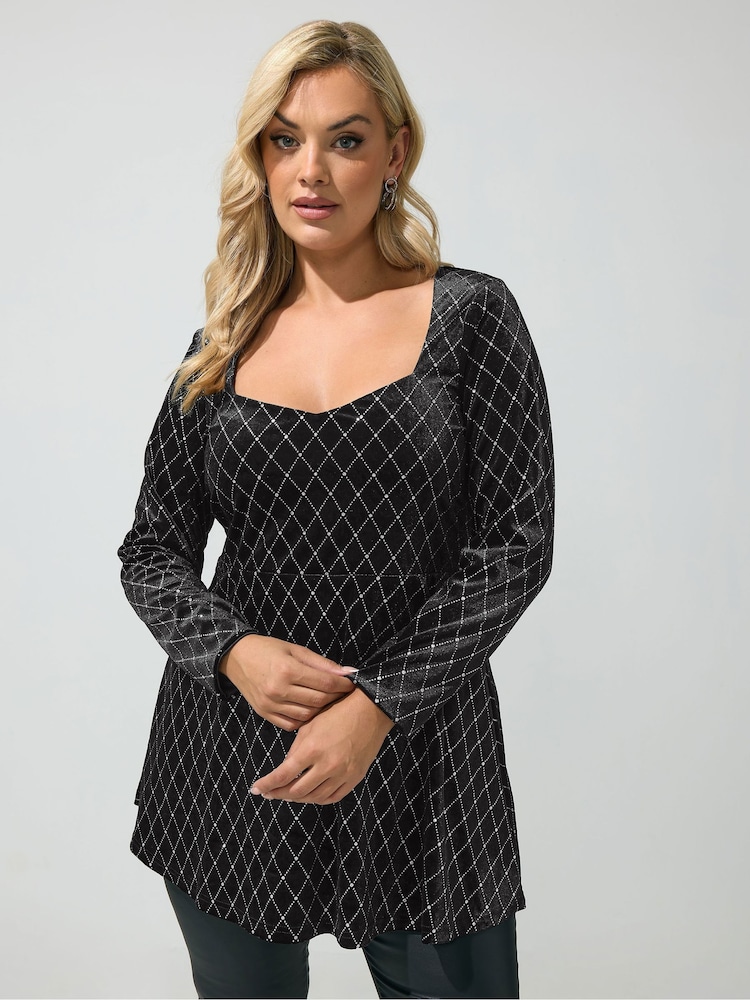 Yours Curve Black Glitter Velvet Square Neck Top - Image 1 of 6 Yours Curve Black Glitter Velvet Square Neck Top - Image 1 of 6