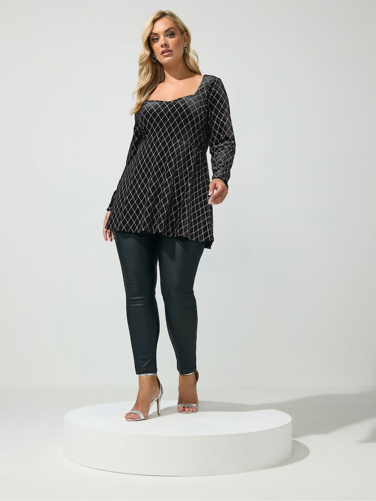 Yours Curve Black Glitter Velvet Square Neck Top - Image 2 of 6 Yours Curve Black Glitter Velvet Square Neck Top - Image 2 of 6
