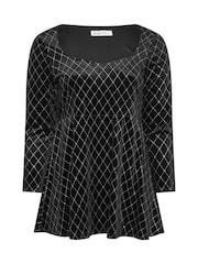 Yours Curve Black Glitter Velvet Square Neck Top - Image 5 of 6