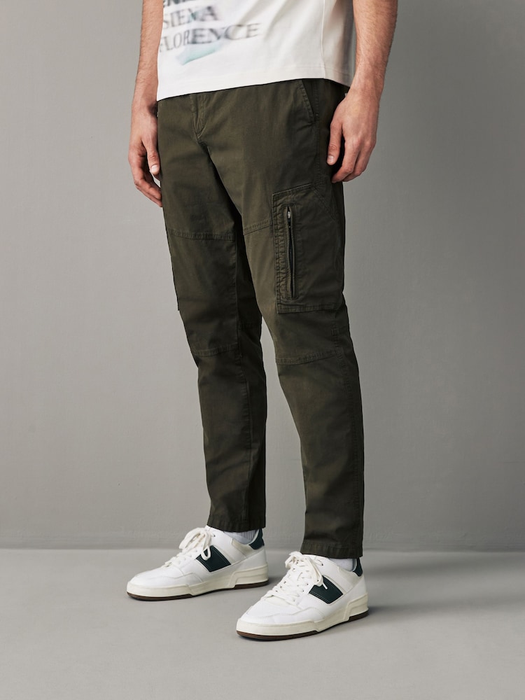 Khaki Green Stretch Utility Zip Detail Cargo Trousers - Image 1 of 13