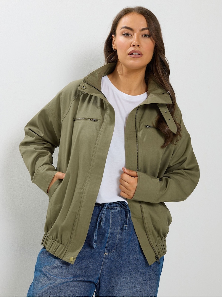 Yours Curve Green Funnel Neck Twill Shacket - Image 1 of 7 Yours Curve Green Funnel Neck Twill Shacket - Image 1 of 7