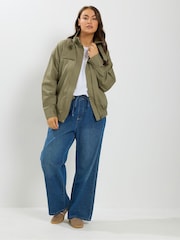 Yours Curve Green Funnel Neck Twill Shacket - Image 3 of 7