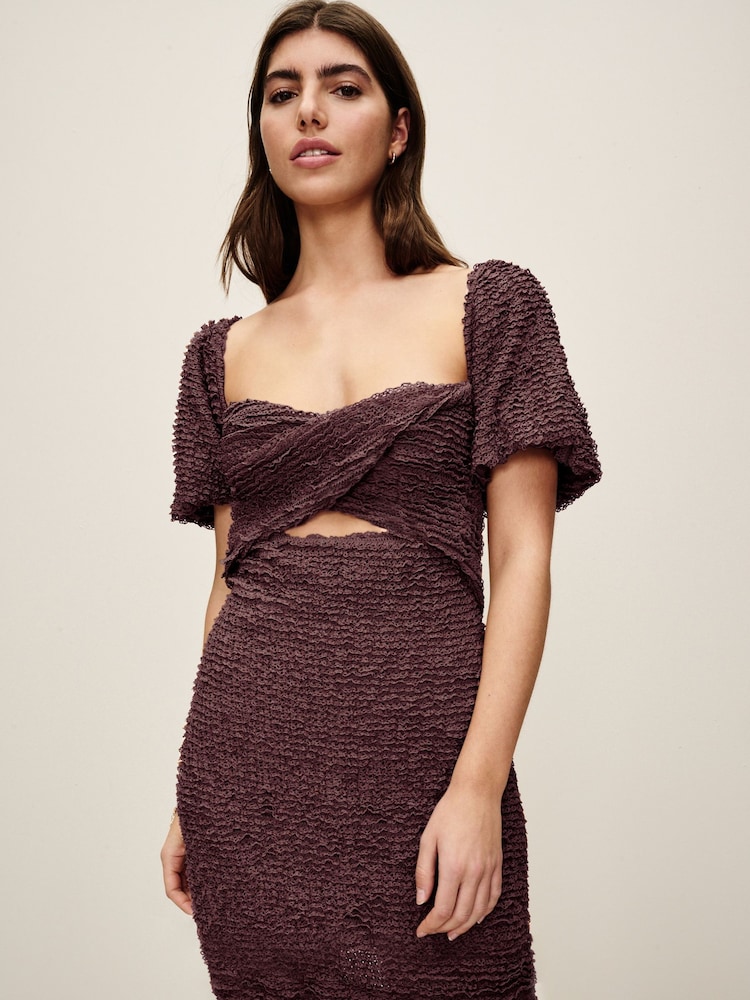 Brown Textured Puff Sleeve Mini Dress - Image 1 of 7