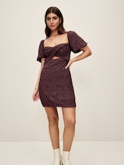 Brown Textured Puff Sleeve Mini Dress - Image 2 of 7