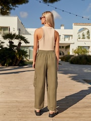 Khaki Green Linen Blend Cargo Trousers - Image 3 of 6
