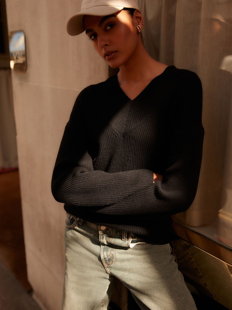 Black Relaxed Fit Ribbed V-Neck Knitted Jumper - Image 1 of 6