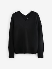 Black Relaxed Fit Ribbed V-Neck Knitted Jumper - Image 5 of 6