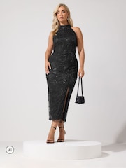 Yours Curve Black Celestial Sequin Choker Dress - Image 2 of 6
