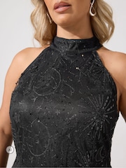 Yours Curve Black Celestial Sequin Choker Dress - Image 4 of 6