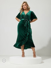 Yours Curve Green London Velvet Ruffle Wrap Dress - Image 1 of 6