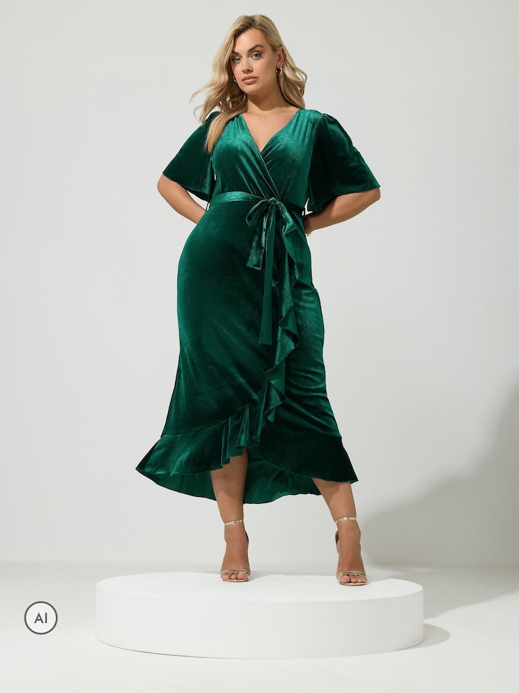 Yours Curve Green London Velvet Ruffle Wrap Dress - Image 1 of 6 Yours Curve Green London Velvet Ruffle Wrap Dress - Image 1 of 6