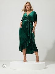 Yours Curve Green London Velvet Ruffle Wrap Dress - Image 2 of 6