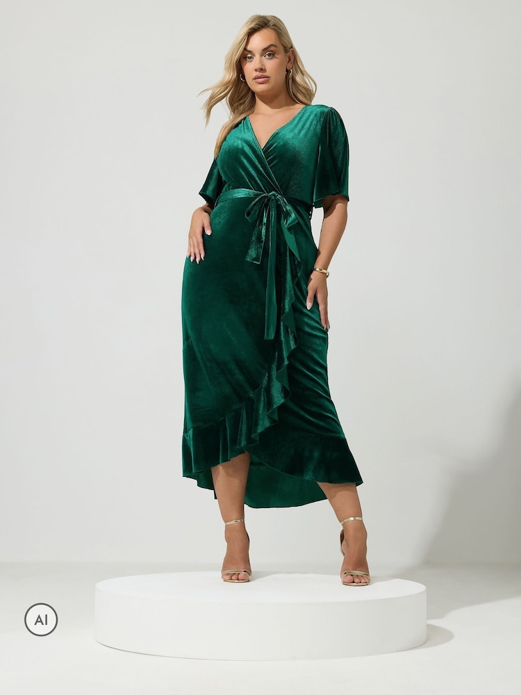 Yours Curve Green London Velvet Ruffle Wrap Dress - Image 2 of 6 Yours Curve Green London Velvet Ruffle Wrap Dress - Image 2 of 6