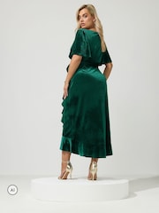 Yours Curve Green London Velvet Ruffle Wrap Dress - Image 3 of 6
