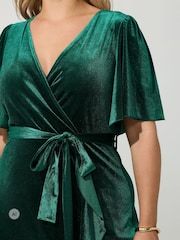 Yours Curve Green London Velvet Ruffle Wrap Dress - Image 4 of 6