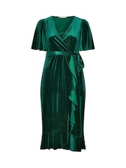 Yours Curve Green London Velvet Ruffle Wrap Dress - Image 5 of 6