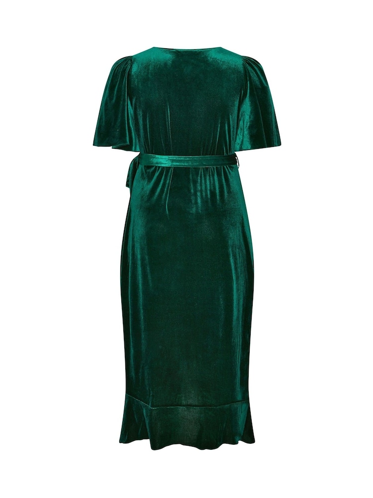 Yours Curve Green London Velvet Ruffle Wrap Dress - Image 6 of 6 Yours Curve Green London Velvet Ruffle Wrap Dress - Image 6 of 6