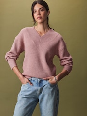 Blush Pink Relaxed Fit Ribbed V-Neck Knitted Jumper - Image 2 of 7