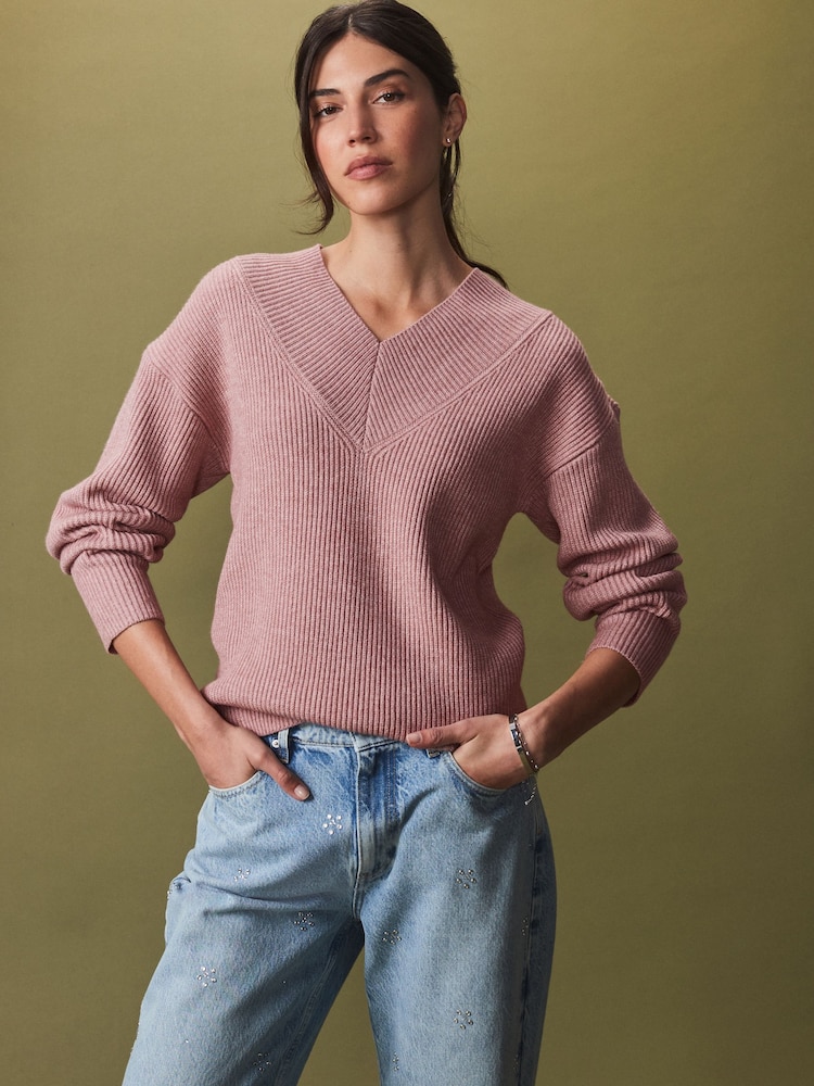 Blush Pink Relaxed Fit Ribbed V-Neck Knitted Jumper - Image 2 of 7