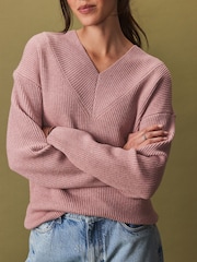 Blush Pink Relaxed Fit Ribbed V-Neck Knitted Jumper - Image 5 of 7