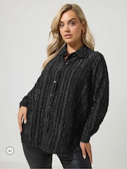 Yours Curve Black London Jacquard Textured Stripe Shirt - Image 1 of 6