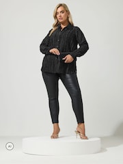 Yours Curve Black London Jacquard Textured Stripe Shirt - Image 2 of 6