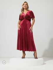 Yours Curve Red London Velvet Pleated Knot Front Dress - Image 1 of 6