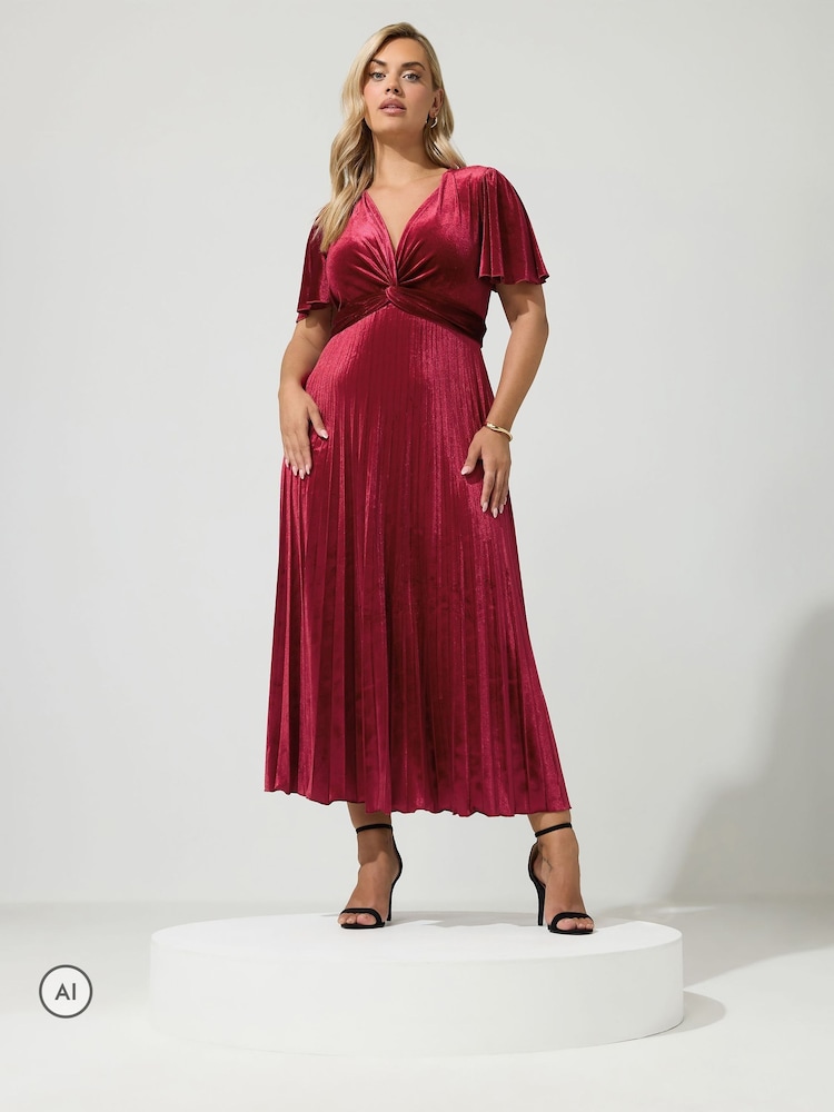 Yours Curve Red London Velvet Pleated Knot Front Dress - Image 1 of 6 Yours Curve Red London Velvet Pleated Knot Front Dress - Image 1 of 6