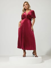 Yours Curve Red London Velvet Pleated Knot Front Dress - Image 2 of 6