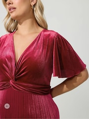 Yours Curve Red London Velvet Pleated Knot Front Dress - Image 4 of 6