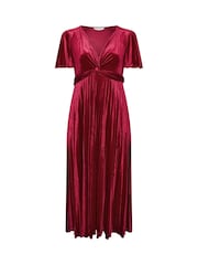 Yours Curve Red London Velvet Pleated Knot Front Dress - Image 5 of 6