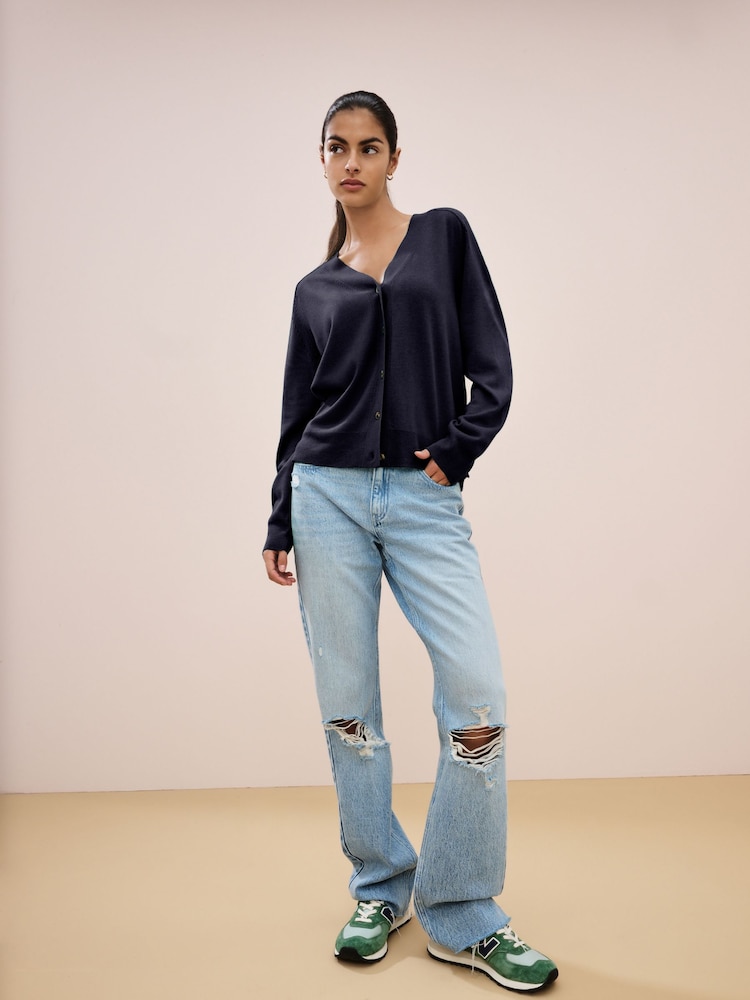 Navy Blue Soft Touch Button Up Knitted Cardigan - Image 2 of 6
