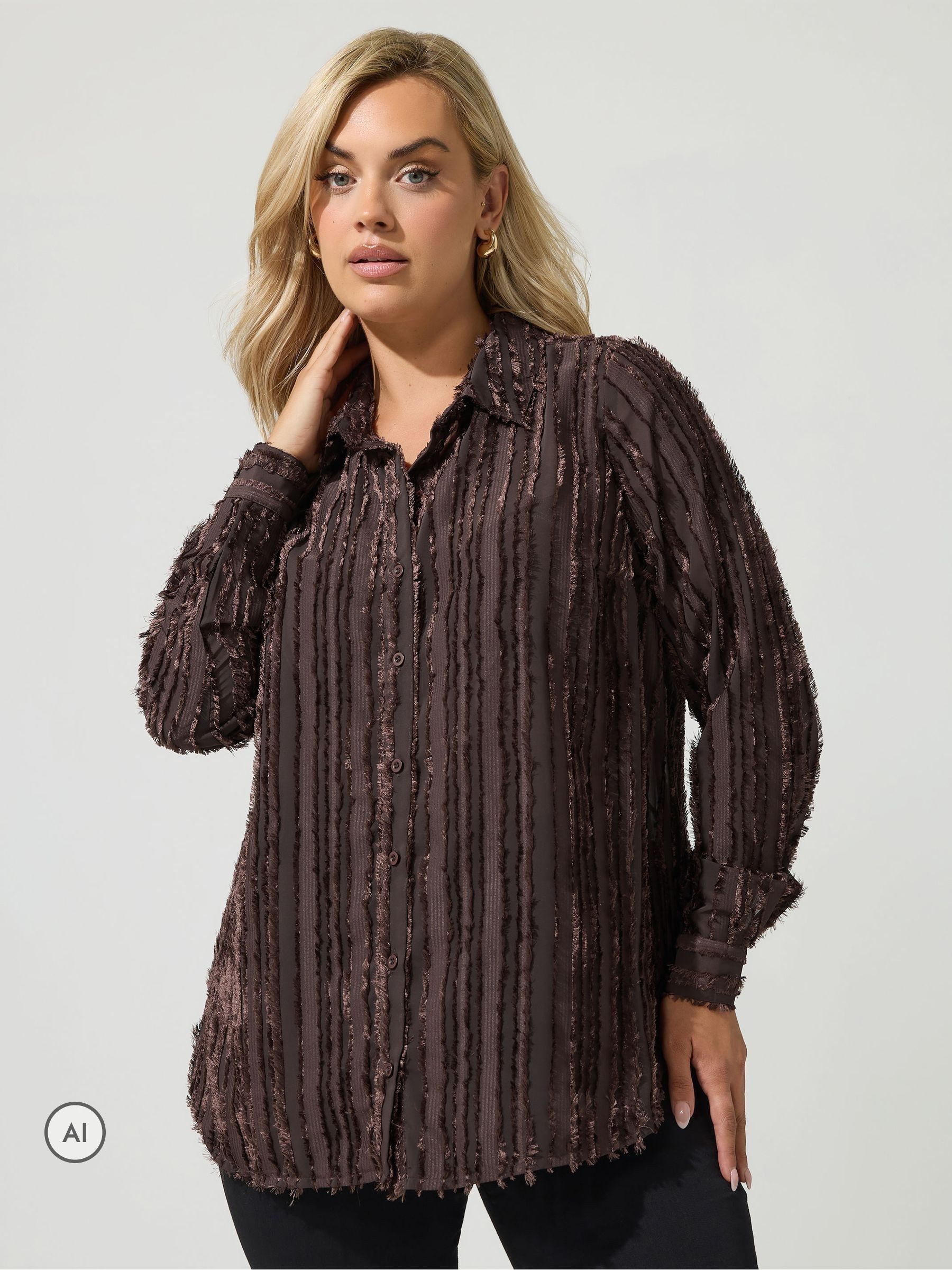 Yours Curve Women's Brown Jacquard Textured Stripe Shirt