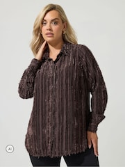 Yours Curve Brown London Jacquard Textured Stripe Shirt - Image 1 of 6