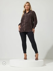 Yours Curve Brown London Jacquard Textured Stripe Shirt - Image 2 of 6