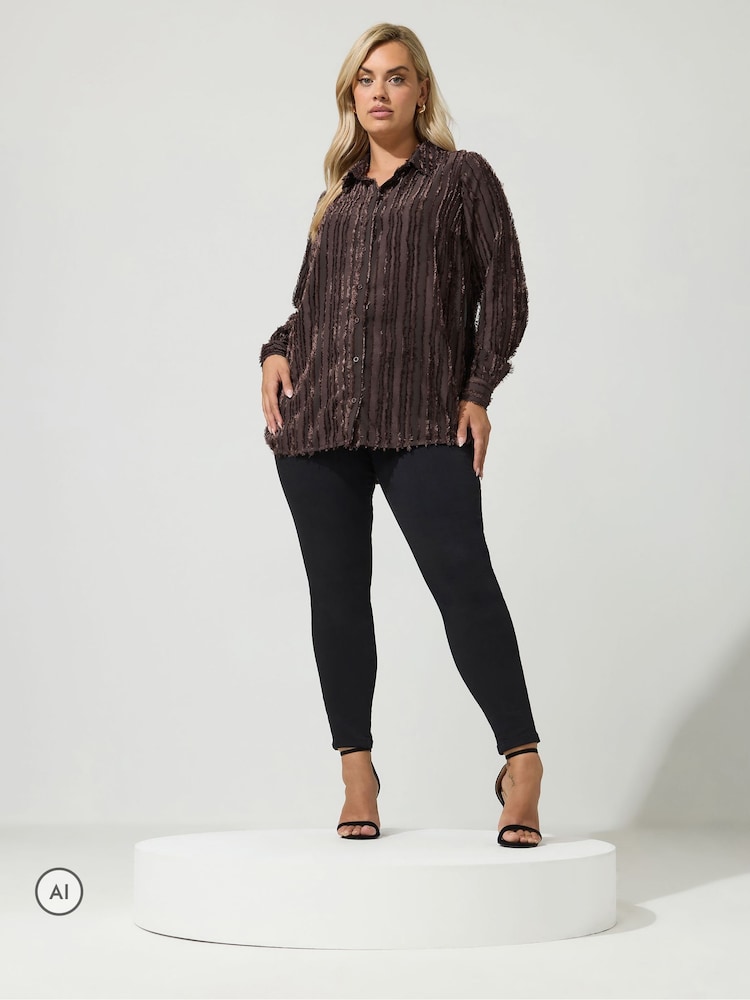 Yours Curve Brown London Jacquard Textured Stripe Shirt - Image 2 of 6