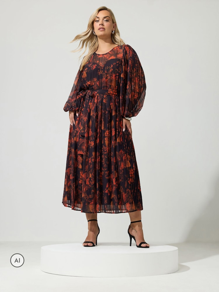 Yours Curve Red Blurred Floral Pleated Dress - Image 1 of 6 Yours Curve Red Blurred Floral Pleated Dress - Image 1 of 6