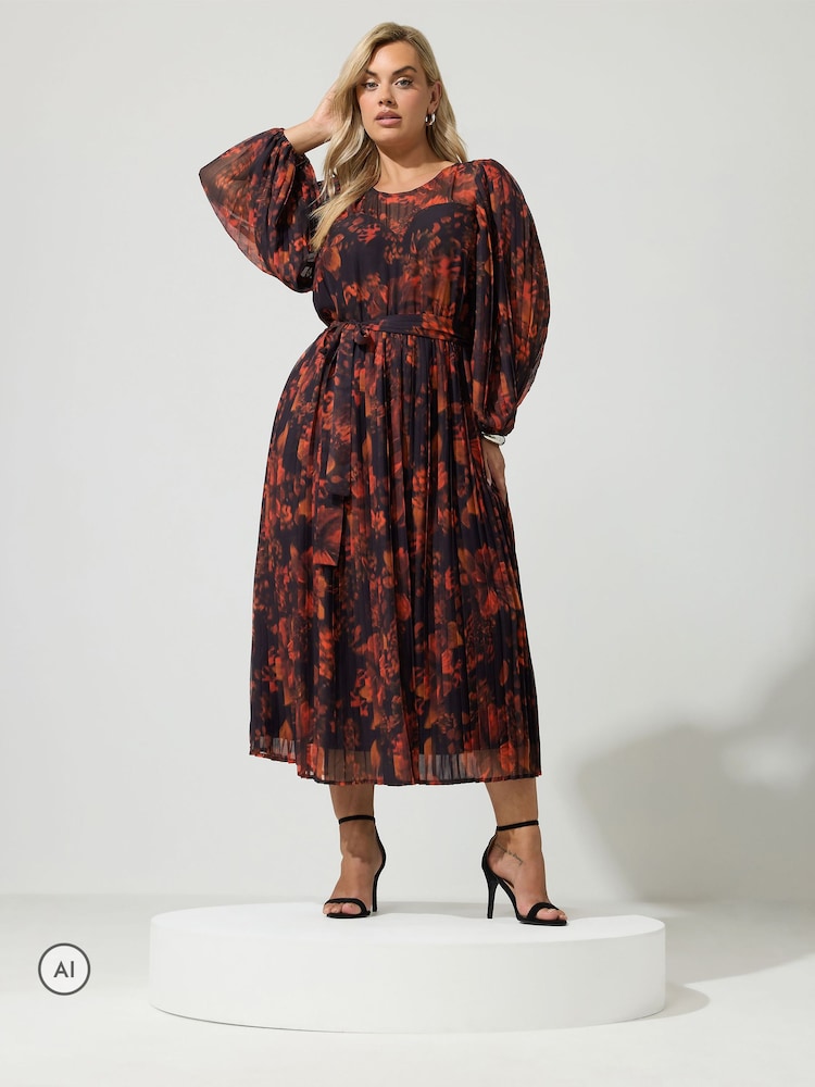 Yours Curve Red Blurred Floral Pleated Dress - Image 2 of 6 Yours Curve Red Blurred Floral Pleated Dress - Image 2 of 6