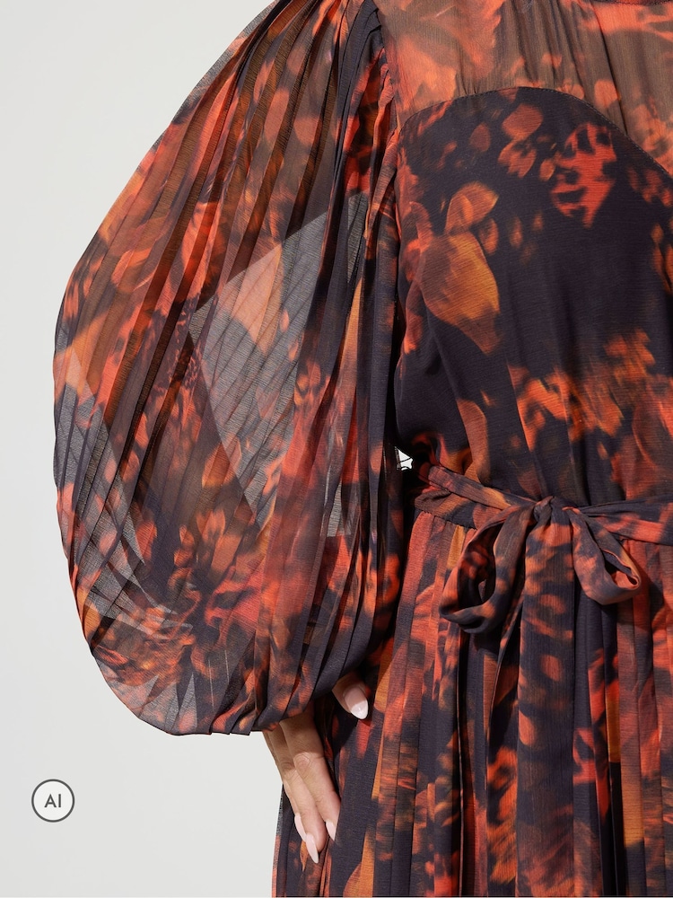 Yours Curve Red Blurred Floral Pleated Dress - Image 6 of 6 Yours Curve Red Blurred Floral Pleated Dress - Image 6 of 6