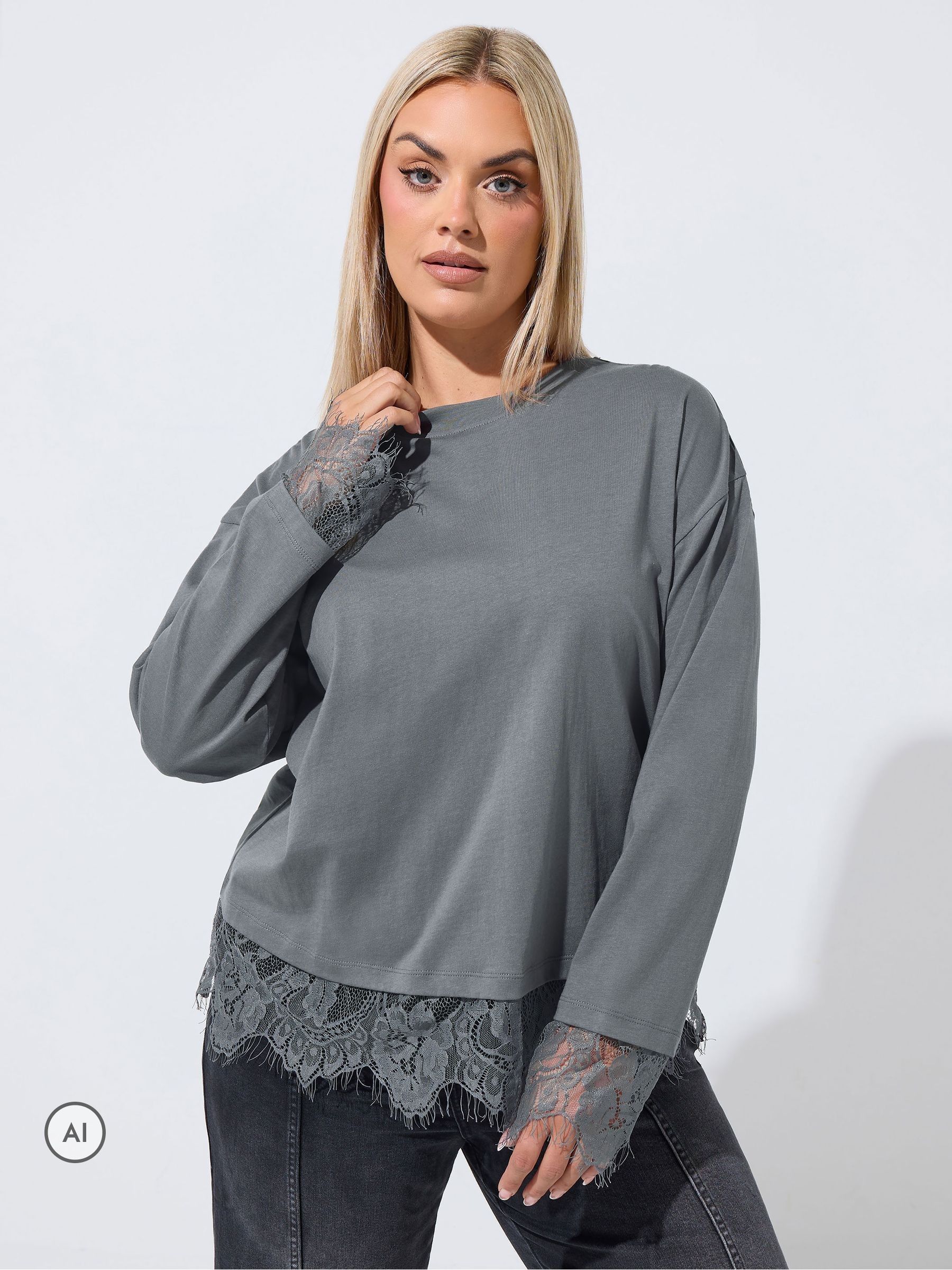 Yours Women's Light Grey Lace Hem Long Sleeve Top In | : 26/28 - Image 6