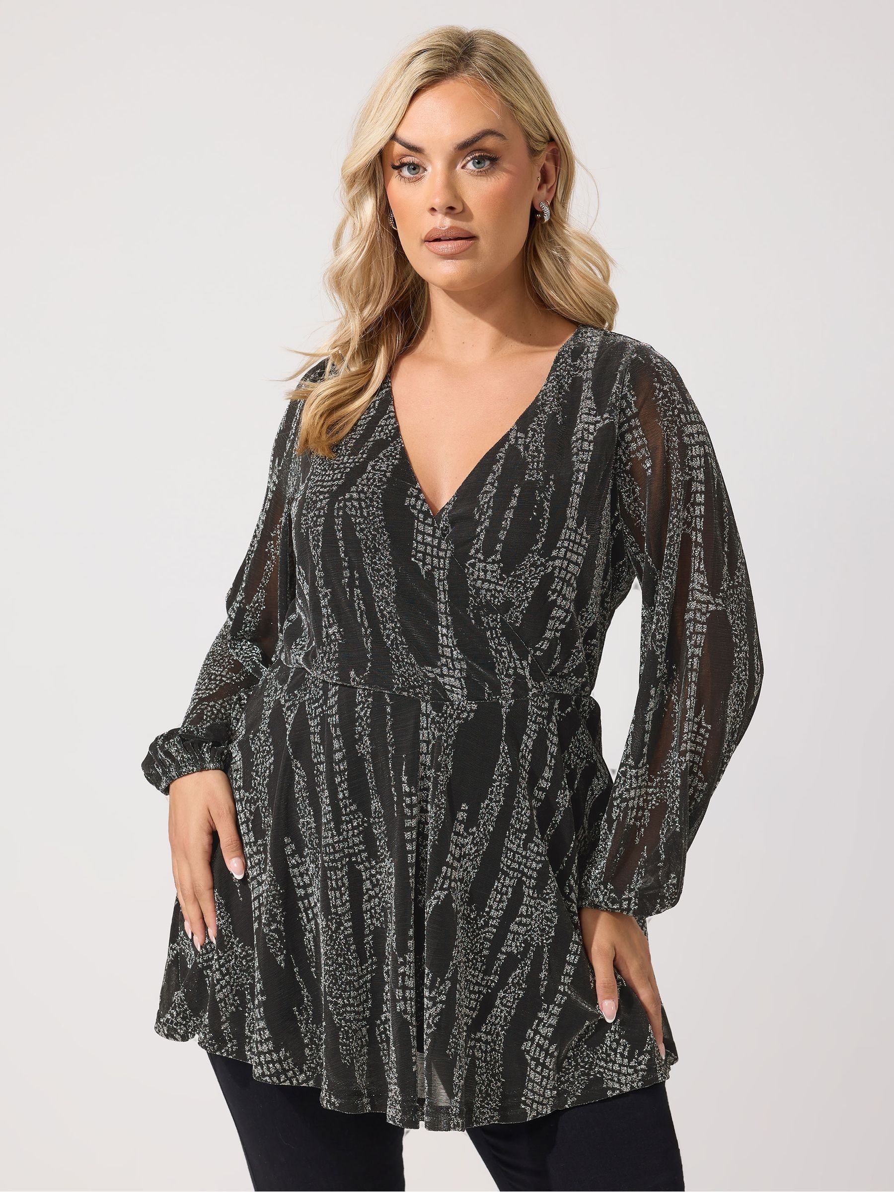 Yours London Black Curve Metallic Wrap Top - Image 3