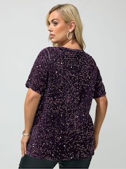 Yours Curve Purple Sequin Velvet T-Shirt - Image 4 of 6