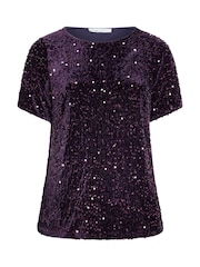 Yours Curve Purple Sequin Velvet T-Shirt - Image 5 of 6