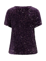 Yours Curve Purple Sequin Velvet T-Shirt - Image 6 of 6