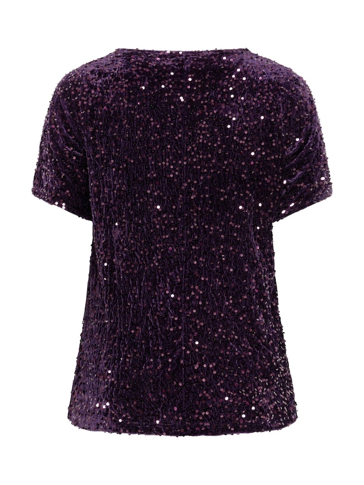 Yours Curve Purple Sequin Velvet T-Shirt - Image 6 of 6 Yours Curve Purple Sequin Velvet T-Shirt - Image 6 of 6