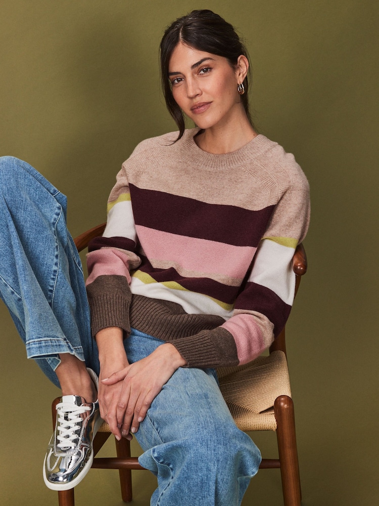 Neutral and Pink Stripe - Premium Pullover aus 100 % Lammwolle mit Strickmuster und Rundhalsausschnitt - Image 1 of 7